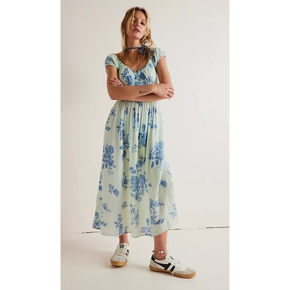 Free People Pale Mint Maxi Dress with Blue Floral Print